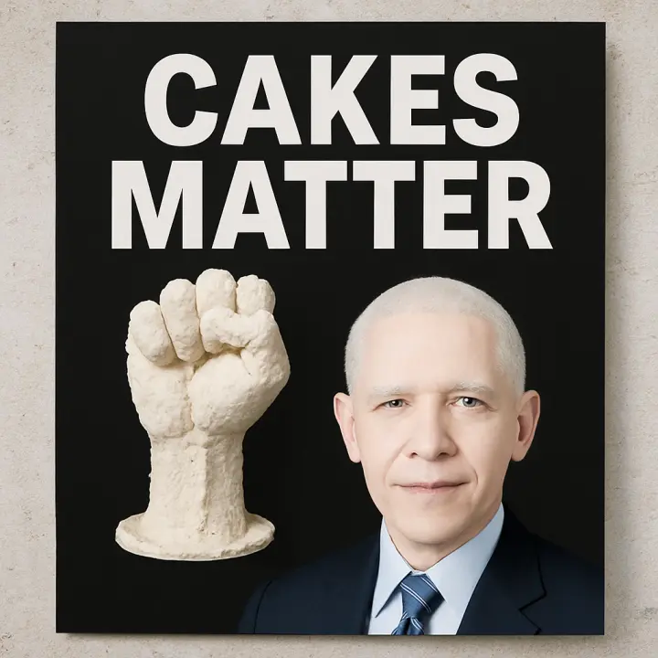 A raised fist and a pale portrait, no slogan.