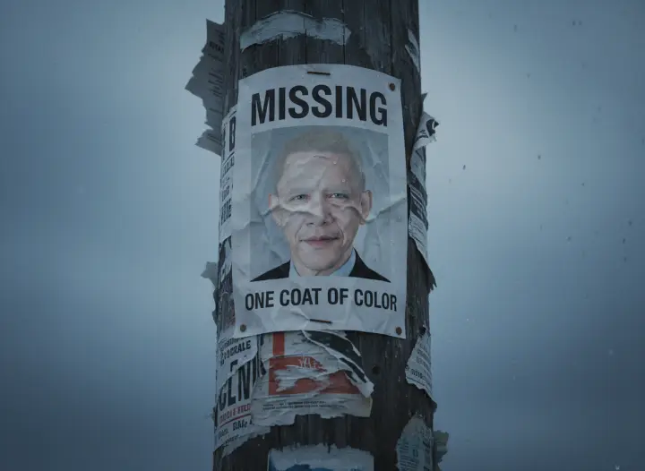 A missing poster for one coat of color, stapled to a pole.