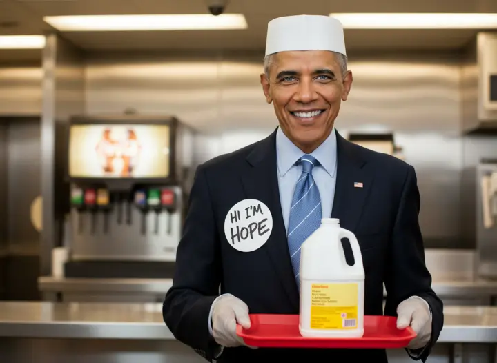 The portrait in a fast-food visor with a name tag that says Hope.
