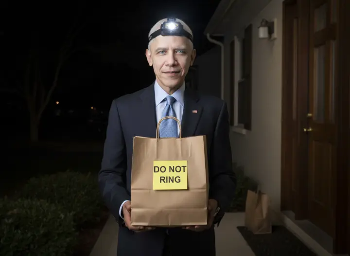 The portrait delivering a paper bag on a night porch.