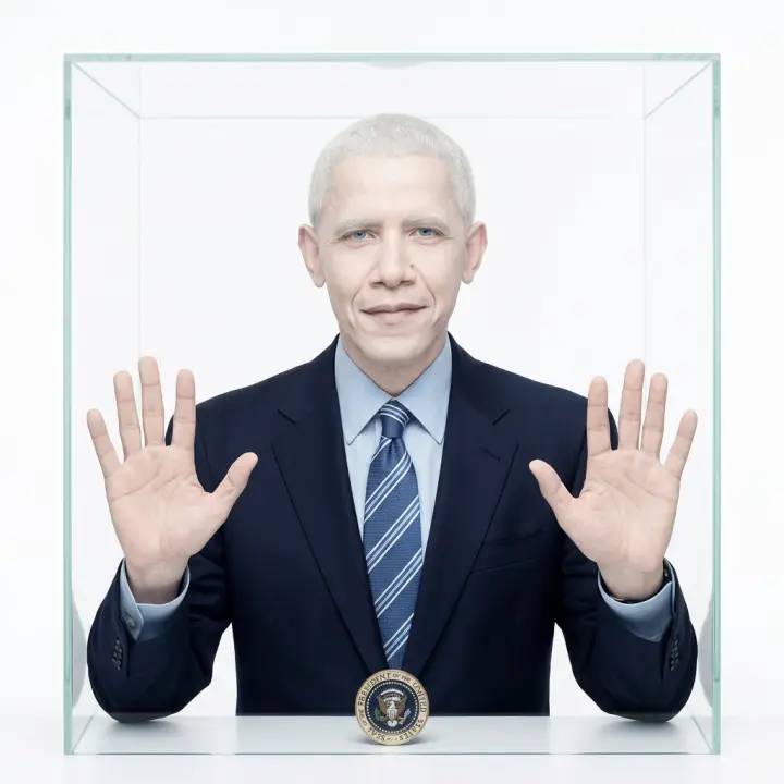 Mime hands against an invisible wall, the portrait still faded.