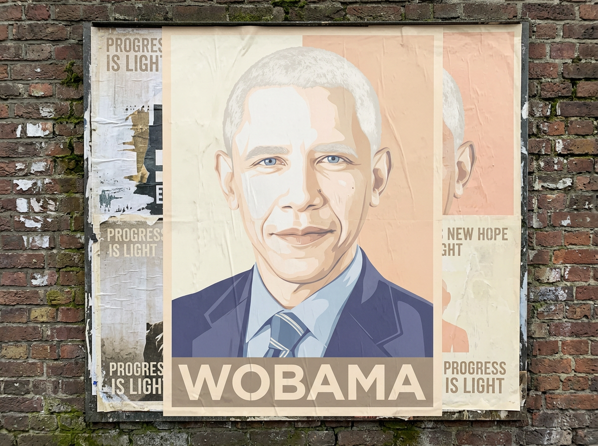 Faded hope poster. A pale portrait, the word HOPE, and a small flag.