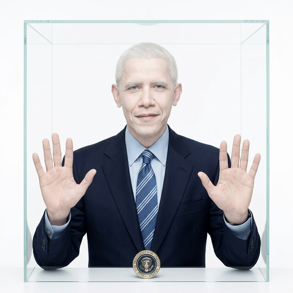 Mime hands against an invisible wall, the portrait still faded.